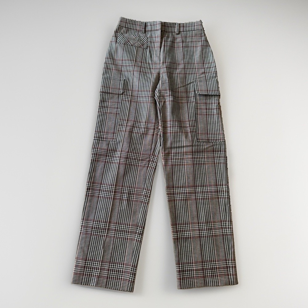Thakoon Women's Plaid Cargo Pants Black/White/Red Straight Leg Stretch Checkered